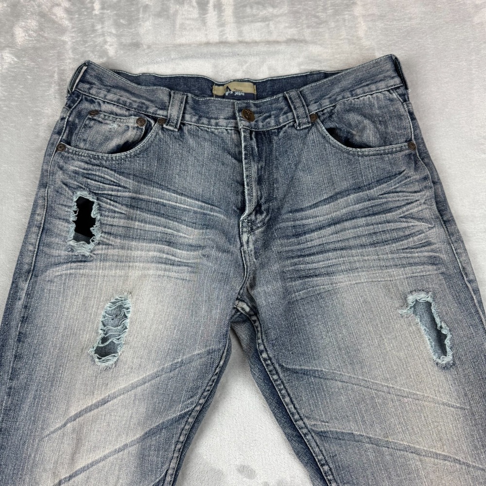 Agile Jeans Mens 34 (32x32) Blue Distressed Holes Whiskering Honeycomb 5 Pocket